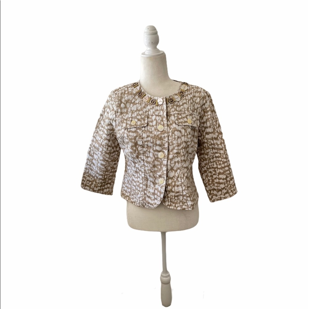 Ruby Rd. Blazer Women’s size 10P Embellished Neckline Tan Quarter Sleeves